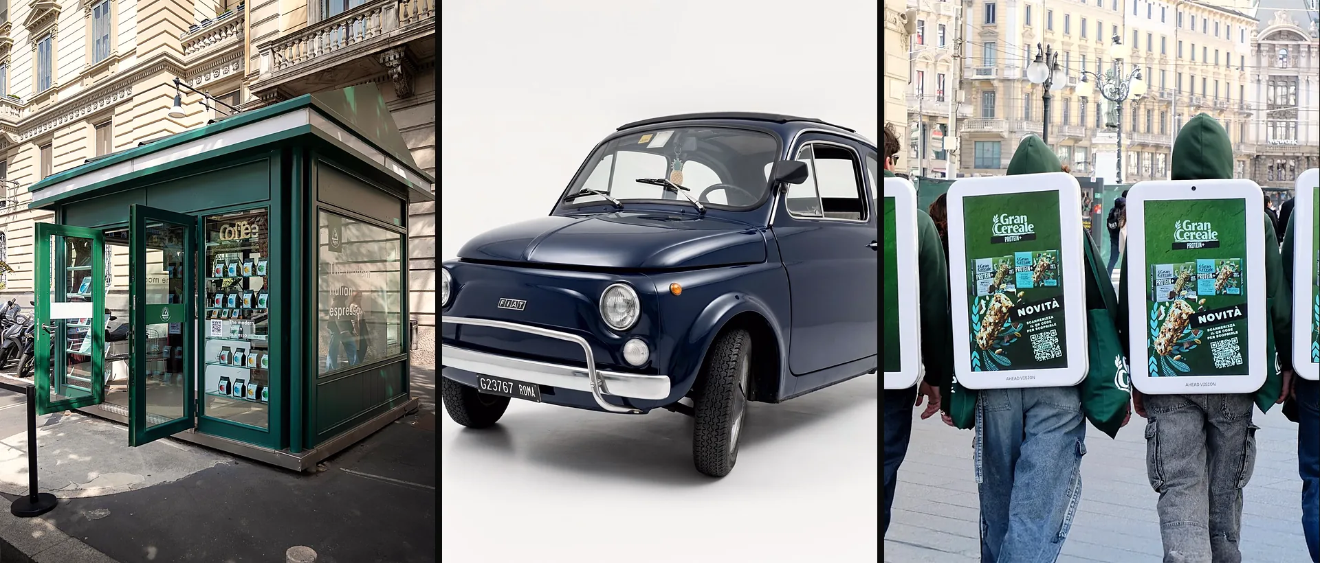 Il chiosco Rude Coffee di Edicola Castello, una Fiat 500 storica TruckToGo e i walker Ahead Vision™ per le strade di Milano